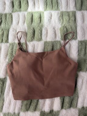 Brown Ribbed Spaghetti Strap Sports Bra